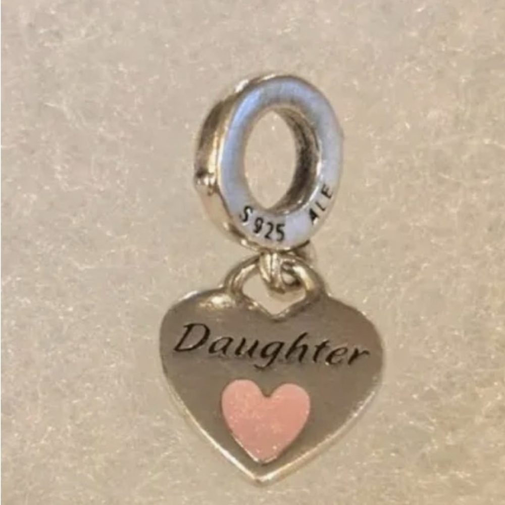 Pandora Silver Daughter Heart Charm with Pink Accent